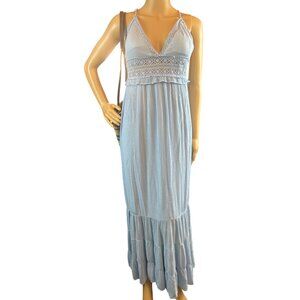 Womens Plunge Gauzy Maxi Dress Medium Baby Blue Crochet Lagenlook Boho